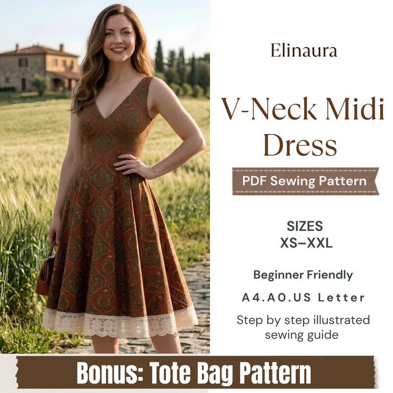 V Neck Midi Dress Sewing Pattern PDF, A Line Dress Pattern, Sleeveless Fit and Flare Dress, Lace Hem Dress Pattern, XS-2XL, Digital Download image 2