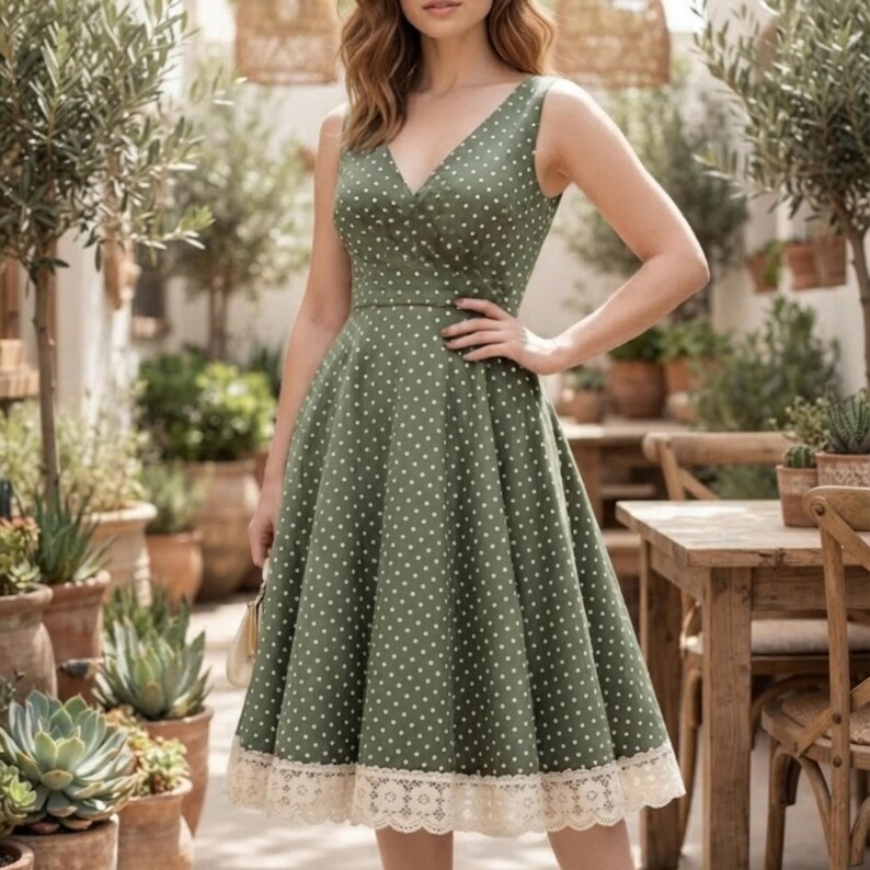 May include: A sleeveless olive green dress featuring a white polka dot pattern, a V-neckline, a fitted bodice, and a flared skirt that ends with a wide, cream-colored lace trim along the hemline, creating a distinct contrast in texture and color.