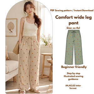 Puede incluir: Un patrón de costura en PDF para pantalones anchos cómodos en tallas XS-4XL. El diseño cuenta con una cintura con cordón y un estampado repetido de flores pequeñas. La descarga incluye una guía de costura ilustrada paso a paso en formatos A4, A0 y US letter.