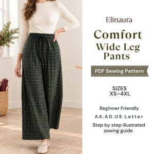 Mönster för bekväma rutiga byxor med vida ben, dammönster för Palazzo-byxor, flanellbyxor med lounge-mönster XS-4XL, dragskobyxor, A4 A0 US Letter