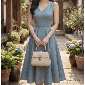May include: A sleeveless dusty blue midi dress with a V-neckline and a subtle tonal leaf pattern, paired with a structured beige handbag featuring a gold-toned metal clasp closure and a top handle, held in front of the waist.