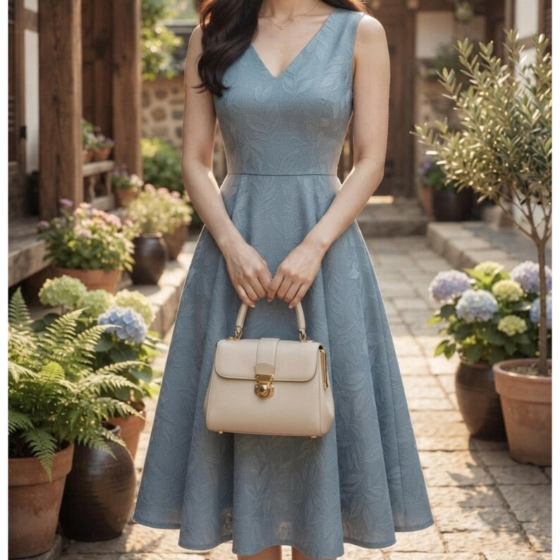 May include: A sleeveless dusty blue midi dress with a V-neckline and a subtle tonal leaf pattern, paired with a structured beige handbag featuring a gold-toned metal clasp closure and a top handle, held in front of the waist.