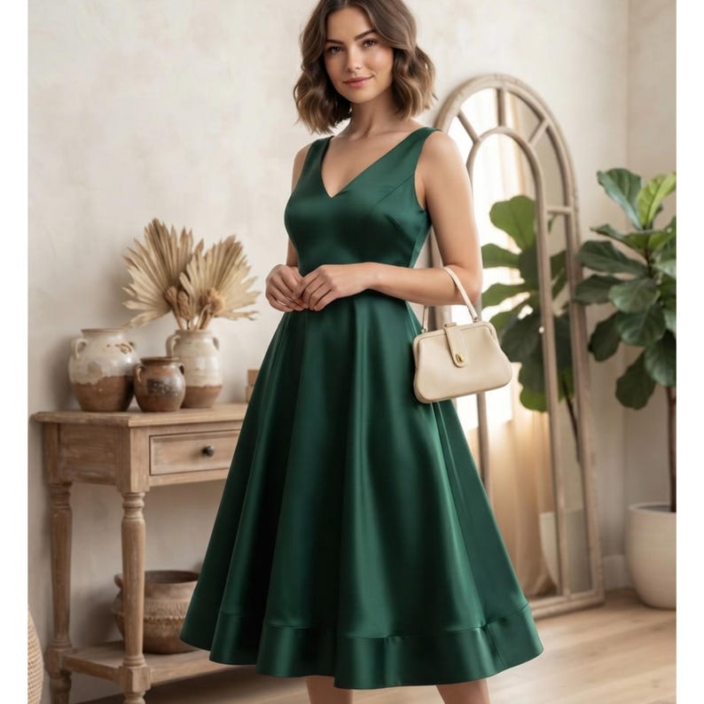May include: A sleeveless emerald green midi dress with a V-neckline and a full, flared skirt. The dress features a smooth, satin-like finish and a wide hem band. A small, structured beige handbag with a top handle is held at the waist.