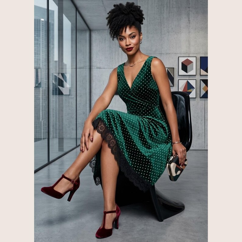 May include: A sleeveless emerald green velvet dress featuring a white polka dot pattern, a V-neckline, and a black lace trim along the hemline. The dress is paired with dark red velvet T-strap heels and a small geometric patterned clutch bag.