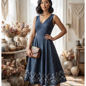 May include: A sleeveless navy blue midi dress featuring a white polka dot pattern on the bodice and a white floral vine embroidery along the hemline. The dress has a V-neckline, a fitted waist, and a flared skirt, paired with a brown leather clutch.