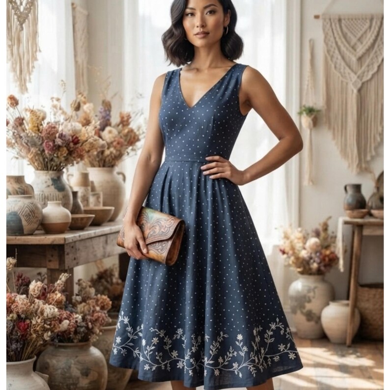 May include: A sleeveless navy blue midi dress featuring a white polka dot pattern on the bodice and a white floral vine embroidery along the hemline. The dress has a V-neckline, a fitted waist, and a flared skirt, paired with a brown leather clutch.