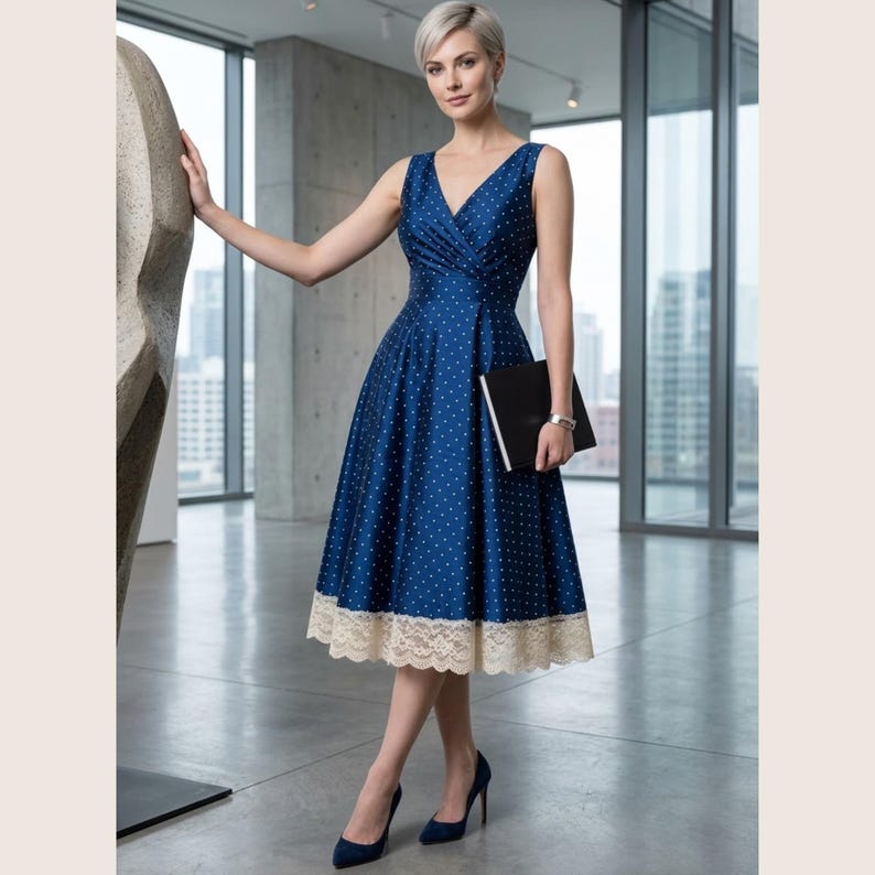 May include: A sleeveless navy blue midi dress featuring a white polka dot pattern, a V-neckline with pleated bodice detailing, and a wide cream-colored lace trim along the hemline. The dress has a fitted waist and a flared skirt silhouette.