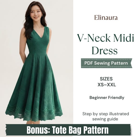 V Neck Midi Dress Sewing Pattern PDF | A Line Dress Pattern | Sleeveless Lace Hem Dress XS-2XL