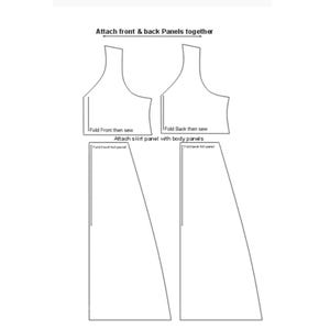 May include: A black and white sewing pattern diagram showing four garment pieces. The top pieces are labeled 'Fold Front then sew' and 'Fold Back then sew'. The bottom pieces are labeled 'Fold front full panel' and 'Fold back full panel'.
