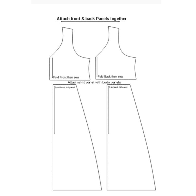 May include: A black and white sewing pattern diagram showing four garment pieces. The top pieces are labeled 'Fold Front then sew' and 'Fold Back then sew'. The bottom pieces are labeled 'Fold front full panel' and 'Fold back full panel'.