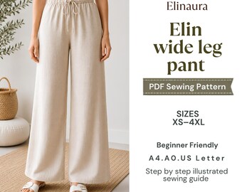 Comfort Wide Leg Pants Sewing Pattern, Women's Palazzo Pant Pattern, XS-4XL, Women Drawstring Trousers, A4 A0 US Letter, Sewing Tutorial PDF