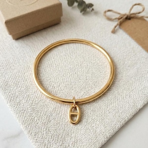 Peut inclure: Un bracelet jonc doré composé d'un anneau circulaire lisse et d'une breloque pendante en forme d'ovale avec une barre horizontale au centre. Ce bijou est présenté aux côtés d'une petite boîte cadeau carrée de couleur brun clair.