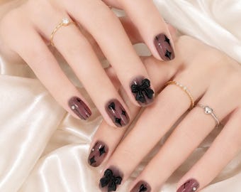 24 pcs Brown Bow Press On Nails | Cute Korean Nails | Chocolate Jelly Nails | Coquette Press Ons | Short Square Nails | Reusable Nail Set