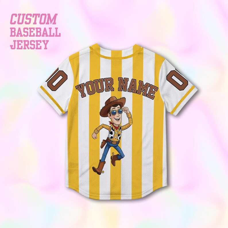 May include: Custom baseball jersey with yellow and white stripes, featuring a cartoon character and the text "YOUR NAME". The jersey has brown numbers on the sleeves and the text "CUSTOM BASEBALL JERSEY" at the top.