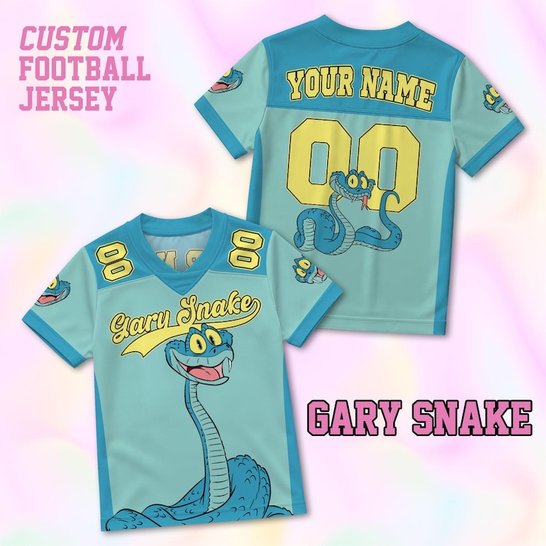 May include: Custom football jersey in light blue with a cartoon snake graphic. The jersey features the text "Gary Snake" and "Your Name" with the number "00" in yellow. The sleeves have a snake graphic.