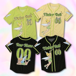 May include: Four baseball jerseys featuring Tinker Bell designs. The jerseys are in shades of green, yellow, and black with white pinstripes. Each jersey has the words "Tinker Bell" or "Your Name" and the number "00" on the front.