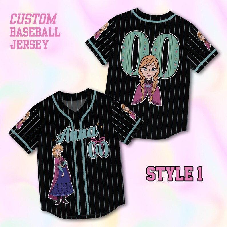 May include: Black baseball jersey with white pinstripes, featuring the name "Anna" and the number "00" in teal. The jersey has an image of a cartoon character on the front and sleeve. The text "CUSTOM BASEBALL JERSEY" and "STYLE 1" are also visible.