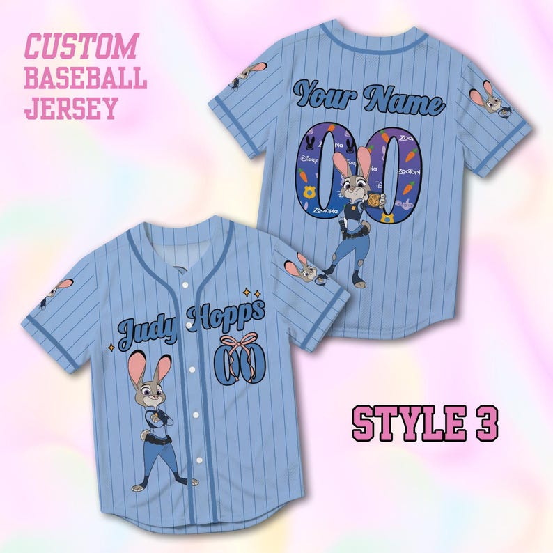 May include: Light blue custom baseball jersey with pinstripes. The jersey features the text "Judy Hopps" and "Your Name" with a cartoon bunny character. The text "CUSTOM BASEBALL JERSEY" and "STYLE 3" are also visible.