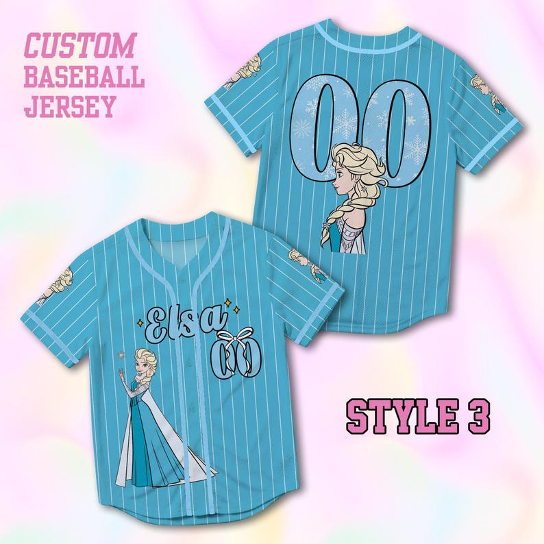 May include: Light blue baseball jersey with white pinstripes, featuring the text "Elsa" and the number "00" with a cartoon image of Elsa. The jersey also has the text "CUSTOM BASEBALL JERSEY" and "STYLE 3".