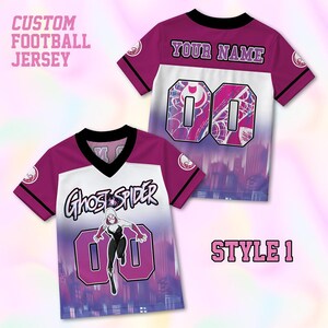 Benutzerdefinierte Geist Spinne Fußball Jersey, Geburtstag Shirt Familie Passende Outfits, Superheld Jersey Geschenk, personalisierte Spinne Gwen T-Shirt, Y2K Shirt Bild 2