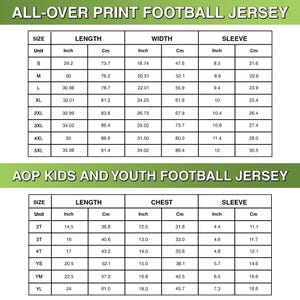 May include: Image of size charts for all-over print football jerseys, including adult and youth sizes. The charts display measurements in inches and centimeters for length, width, chest, and sleeve dimensions. The text "ALL-OVER PRINT FOOTBALL JERSEY" and "AOP KIDS AND YOUTH FOOTBALL JERSEY" are visible.