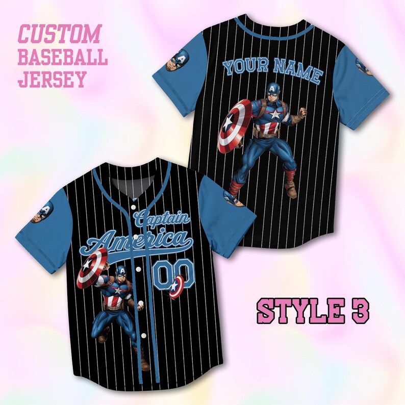 May include: A custom baseball jersey featuring a black base with white pinstripes and blue sleeves. The front displays Captain America, the text Captain America, and the number 00. The back shows Captain America and the text YOUR NAME.