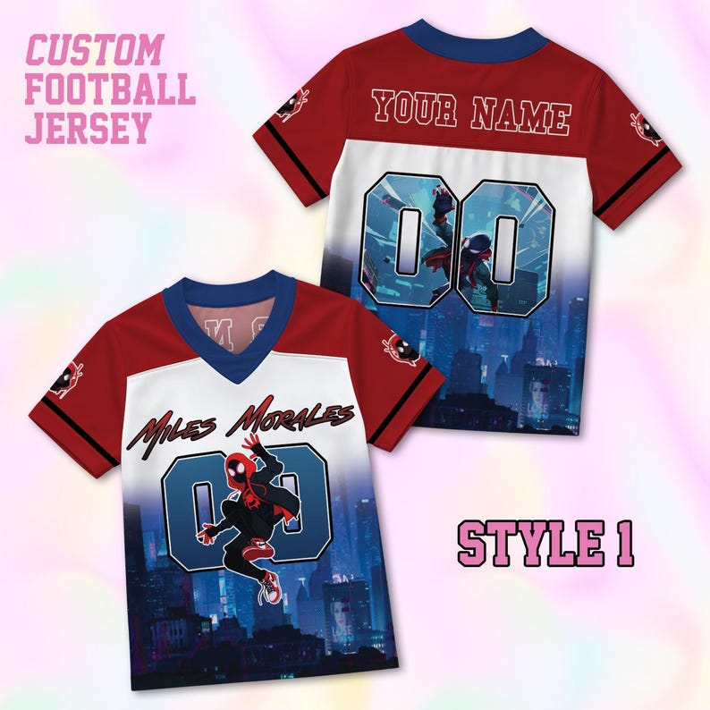 May include: Two short-sleeve football jerseys featuring a red, white, and blue color scheme. The front displays the text Miles Morales and the number 00 with a graphic of a superhero. The back shows the text YOUR NAME and the number 00.