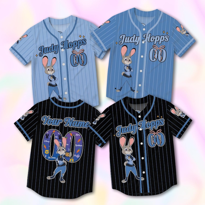 May include: Four baseball jerseys featuring the character Judy Hopps from Zootopia. Two jerseys are light blue with pinstripes, and two are black with pinstripes. Each jersey has a cartoon image of Judy Hopps and the text "Judy Hopps" or "Your Name".