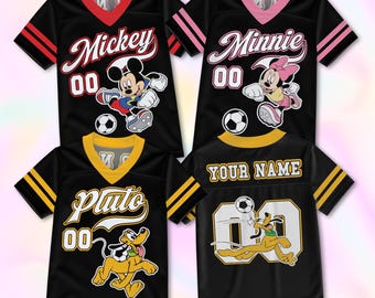 Camiseta de fútbol personalizada de Mickey y sus amigos, regalo a juego para aficionados al fútbol, camiseta de fútbol Disney con nombre de equipo personalizado para el día del partido.