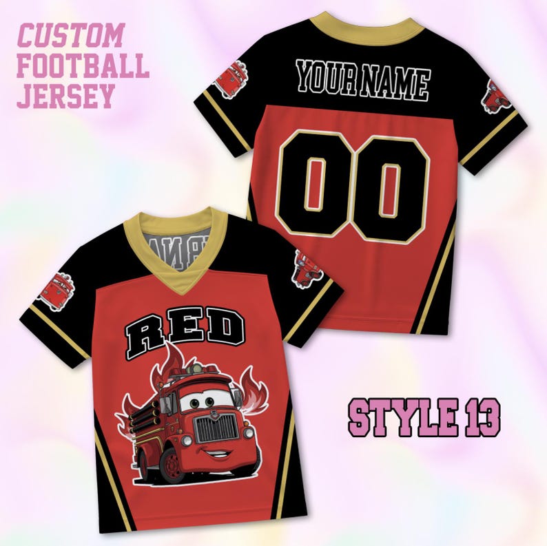 May include: A custom football jersey featuring a red, black, and gold color scheme. The front displays a cartoon fire truck graphic with the text RED. The back shows the text YOUR NAME and the number 00. The jersey has a V-neck collar.
