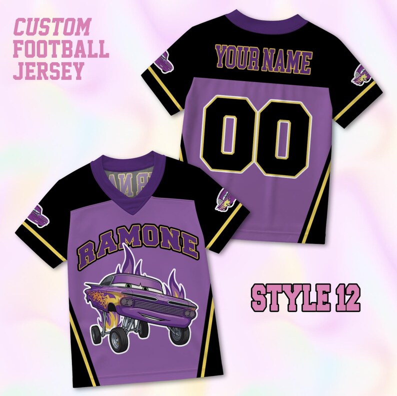 May include: A custom football jersey in purple and black with yellow accents. The front features the name RAMONE above a purple car graphic with flames. The back displays the text YOUR NAME and the number 00. Text includes CUSTOM FOOTBALL JERSEY.