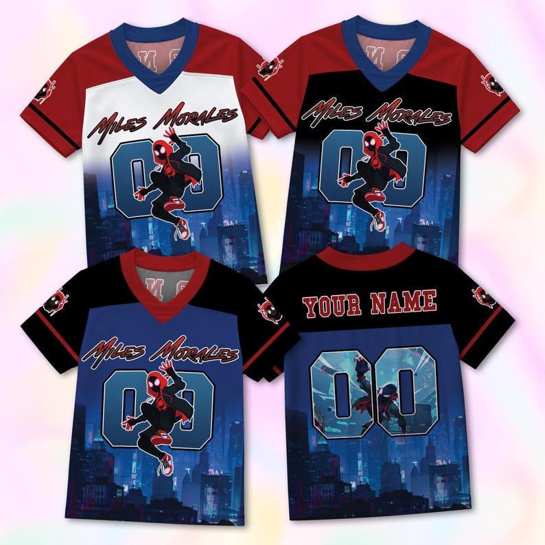 May include: Four V-neck jerseys featuring Miles Morales graphics, city skyline backgrounds, and the number 00. Three jerseys display the name Miles Morales, while one jersey features the text Your Name on the back with a matching number 00 design.