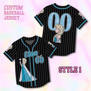 May include: Black baseball jersey with white vertical stripes and light blue accents. The jersey features the character Elsa from Frozen, the number "00", and the word "Elsa". The text "Custom Baseball Jersey" and "Style 1" are also visible.