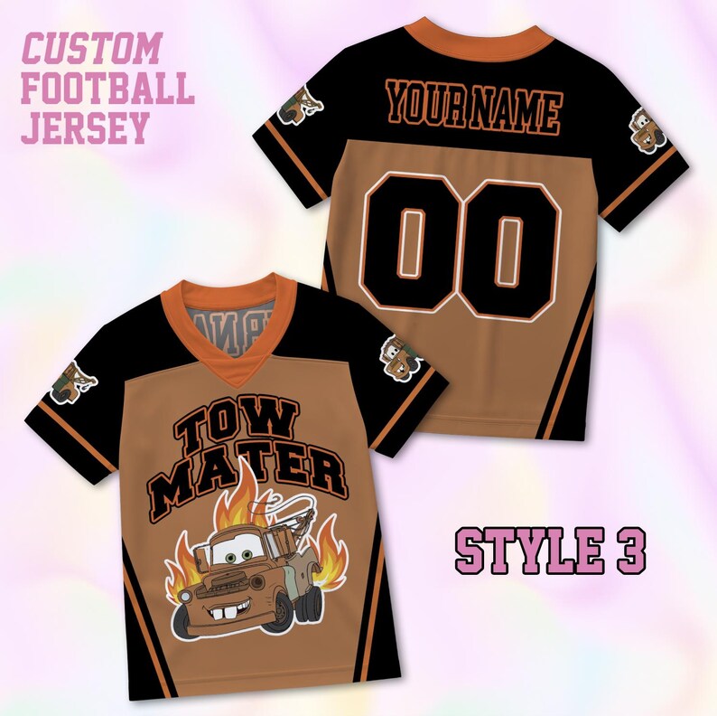 May include: Two short-sleeve football jerseys in black and brown. The front features the text TOW MATER above a cartoon tow truck graphic with flames. The back displays the text YOUR NAME and the number 00 in black with white outlines.