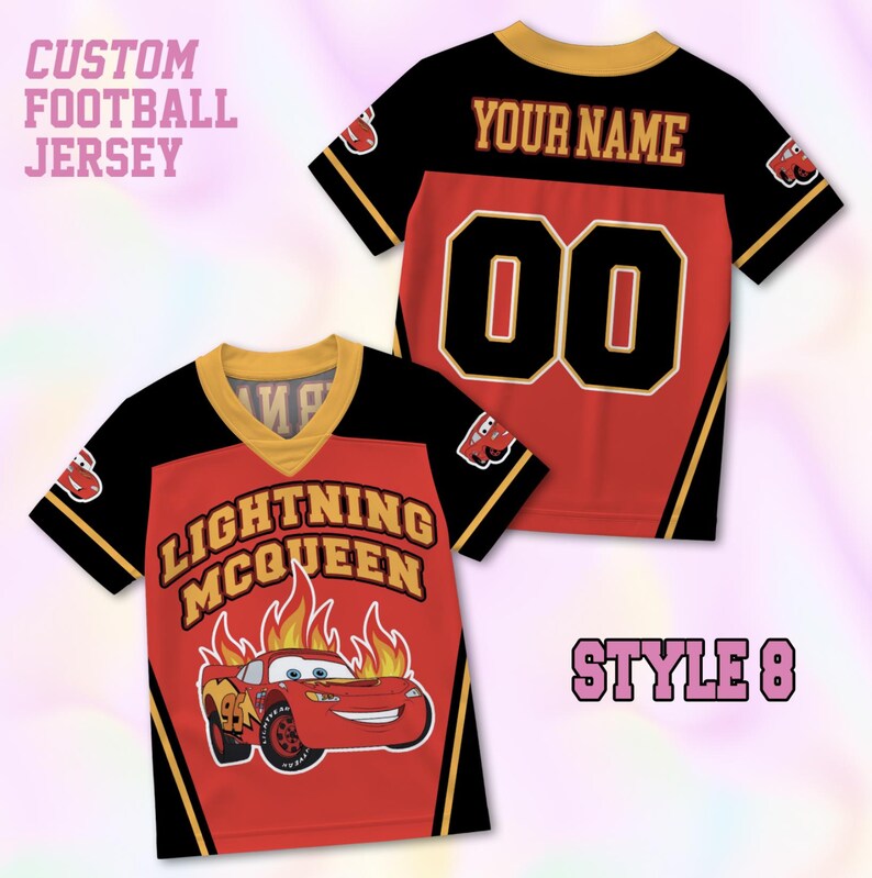 May include: A custom football jersey featuring a red and black design with gold trim. The front displays Lightning McQueen with flames and text. The back shows the text YOUR NAME and the number 00. The text CUSTOM FOOTBALL JERSEY and STYLE 8 appear.