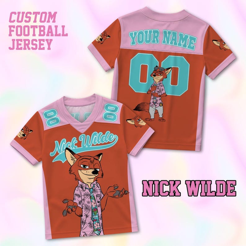 May include: Two orange custom football jerseys with pink and teal accents. One jersey features the text "Nick Wilde" and a cartoon fox character. The other jersey has the text "Your Name" and the number "00". The text "CUSTOM FOOTBALL JERSEY" is at the top.