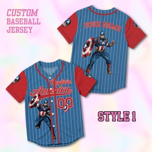May include: A blue baseball jersey with white pinstripes and red sleeves featuring a Captain America graphic, the text Captain America, and the number 00 on the front, with a back view showing the text YOUR NAME and a Captain America graphic.