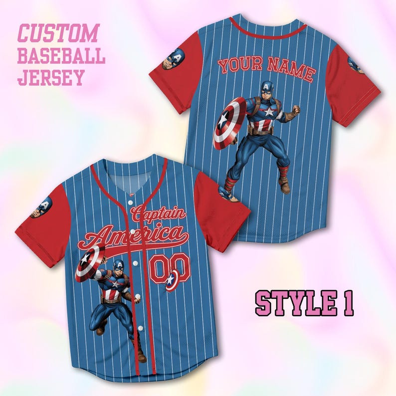 May include: A blue baseball jersey with white pinstripes and red sleeves featuring a Captain America graphic, the text Captain America, and the number 00 on the front, with a back view showing the text YOUR NAME and a Captain America graphic.