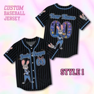 May include: Black baseball jersey with blue pinstripes, featuring a cartoon character. The jersey has the text "Judy Hopps" and "Your Name" with the number "00". The sleeves and collar are trimmed in blue. The words "Custom Baseball Jersey" and "Style 1" are also visible.