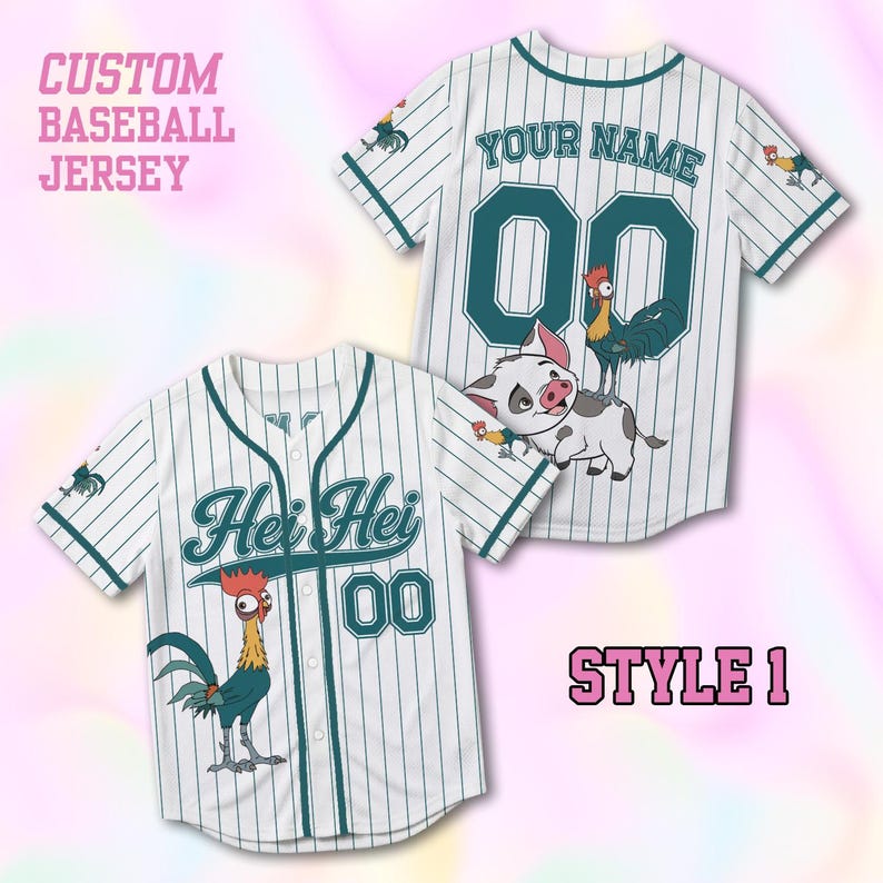 May include: A white baseball jersey with dark teal pinstripes, featuring the text Hei Hei and the number 00 on the front, and the text YOUR NAME and 00 on the back. The design includes illustrations of a rooster and a piglet character.