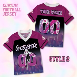 Benutzerdefinierte Geist Spinne Fußball Jersey, Geburtstag Shirt Familie Passende Outfits, Superheld Jersey Geschenk, personalisierte Spinne Gwen T-Shirt, Y2K Shirt Bild 3