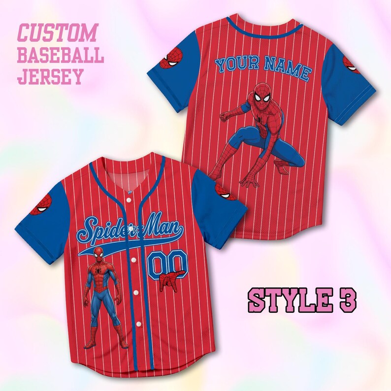 May include: A custom baseball jersey featuring a red and white pinstriped pattern with blue sleeves. The front displays the text Spider-Man, a graphic of the character, and the number 00. The back shows the text YOUR NAME and a Spider-Man graphic.