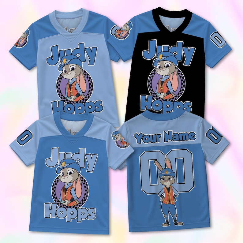 May include: Four short-sleeve jerseys featuring Judy Hopps from Zootopia. Three jerseys display Judy Hopps in a circular frame with the text Judy Hopps. One jersey shows Judy Hopps standing with the text Your Name and the number 00 on the back.