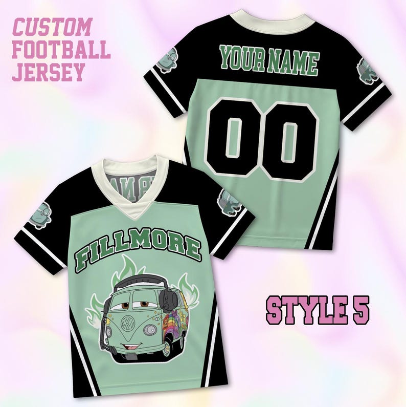 May include: A custom football jersey in mint green and black featuring the character Fillmore from the movie Cars on the front with the name Fillmore above it. The back displays the text Your Name and the number 00 in black with white outlines.
