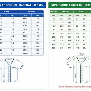May include: Size guide for kids, youth, and adult unisex baseball jerseys. Includes chest, length, sleeve, and shoulder measurements in inches and centimeters. Diagrams show where to measure on the jersey.