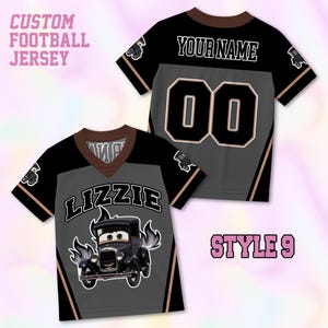 May include: A custom football jersey featuring a black and gray color scheme with brown trim. The front displays the name LIZZIE above a cartoon car graphic with flames. The back shows the text YOUR NAME and the number 00 in a bold font.
