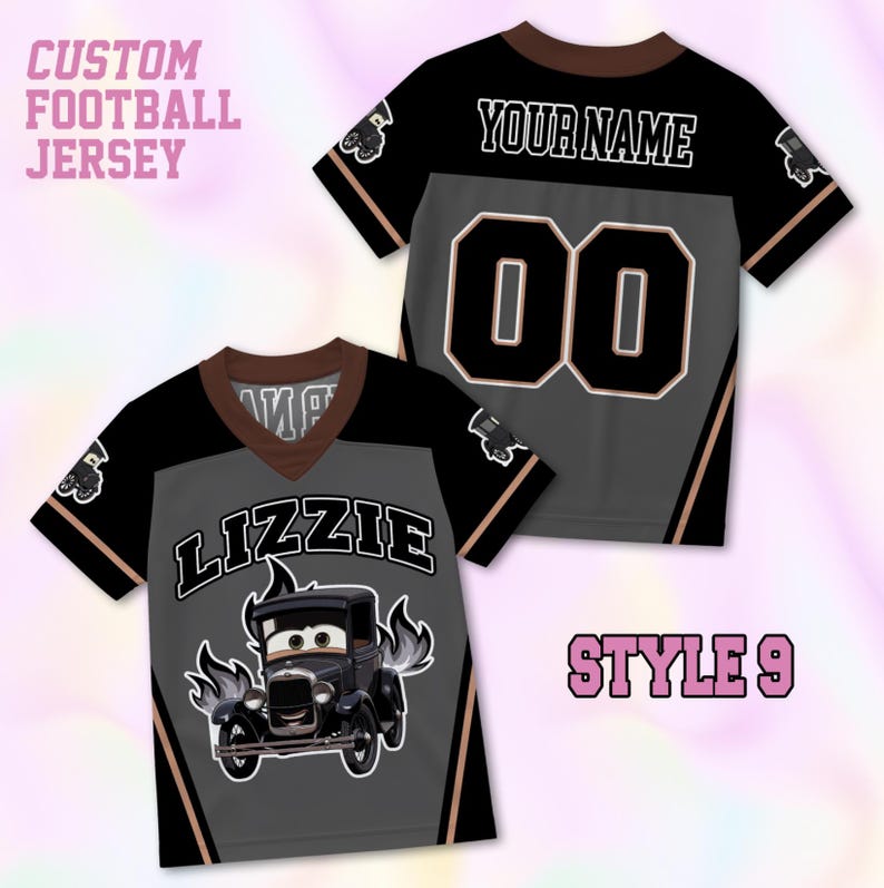 May include: A custom football jersey featuring a black and gray color scheme with brown trim. The front displays the name LIZZIE above a cartoon car graphic with flames. The back shows the text YOUR NAME and the number 00 in a bold font.
