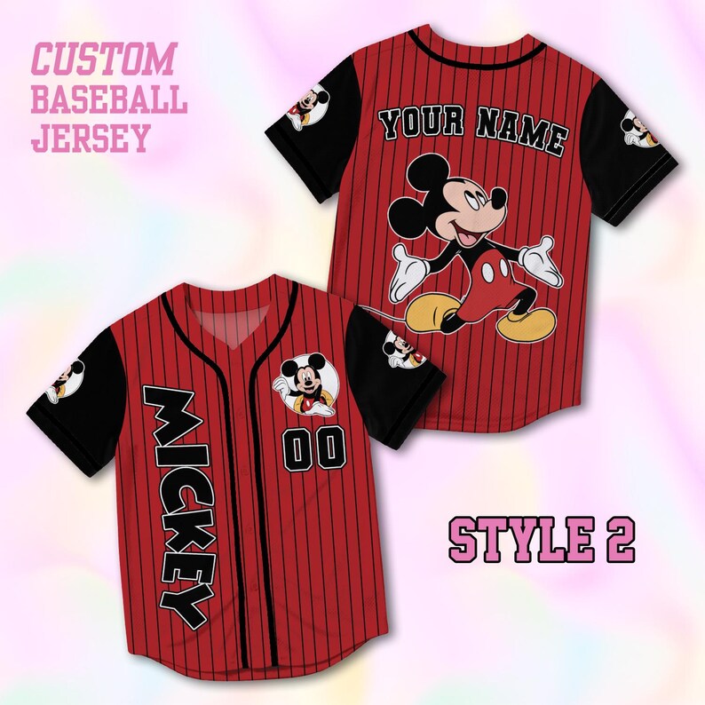 May include: Red and black baseball jersey with a Mickey Mouse graphic. The jersey has vertical stripes, black sleeves, and the text "MICKEY" on the front. The back of the jersey has the text "YOUR NAME". The image also includes the text "CUSTOM BASEBALL JERSEY" and "STYLE 2".