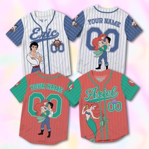 May include: Four baseball jerseys featuring cartoon characters. Two white jerseys with blue pinstripes and sleeves, with "Eric" and "Your Name" on the back. The other two are red with green sleeves, featuring "Your Name" and "Ariel". Each jersey has the number "00".
