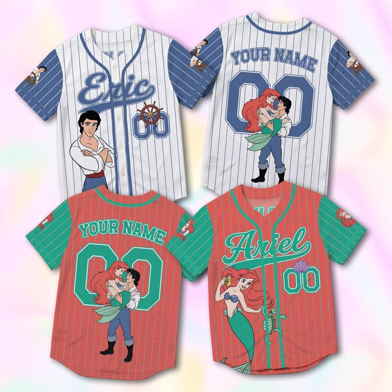 May include: Four baseball jerseys featuring cartoon characters. Two white jerseys with blue pinstripes and sleeves, with "Eric" and "Your Name" on the back. The other two are red with green sleeves, featuring "Your Name" and "Ariel". Each jersey has the number "00".
